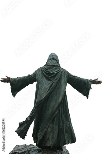 a statue with arms outstretched with a cross in the background  photo