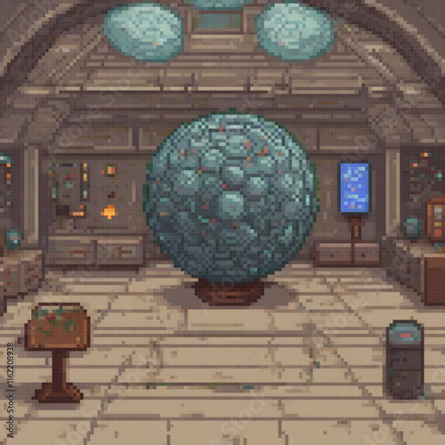 Pixel art of a cozy room with a central globe, perfect for travel enthusiasts.