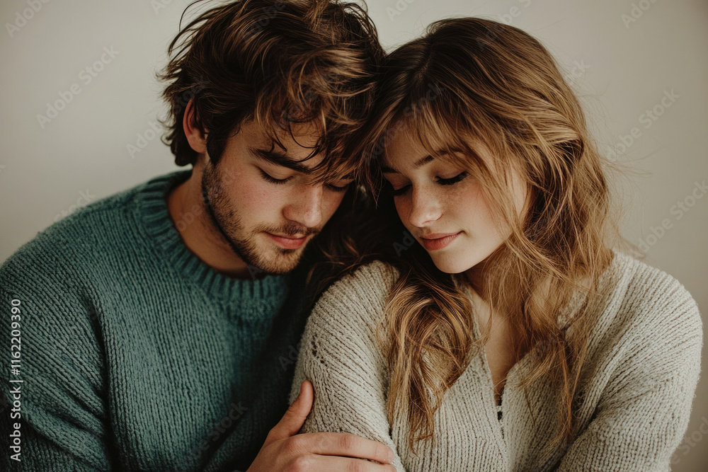A young couple embraces in a tender moment, their heads resting together, showcasing intimacy and affection. A young couple embraces in a tender moment, their heads resting together, showcasing intimacy and affection.