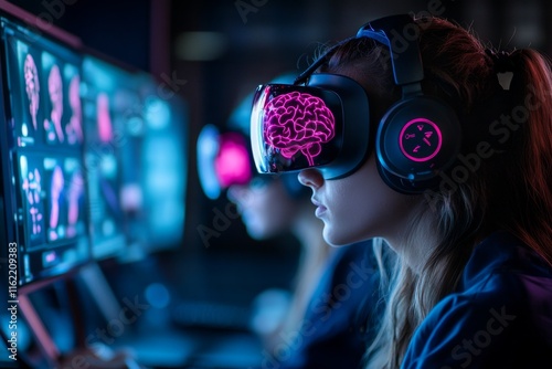 A high-tech brain-training lab where participants engage in interactive IQ tests using VR headsets