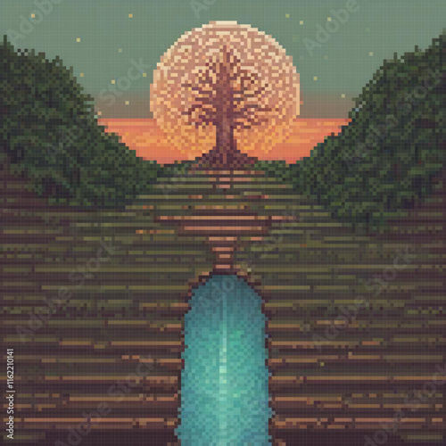 Pixel art tree in a field, retro charm.