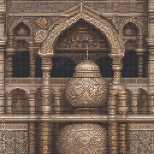 Pixel art depicting a detailed building façade with a prominent clock.