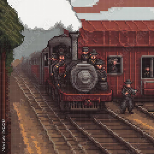 Pixel art depicting a vintage train journey through scenic tracks near a quaint station.