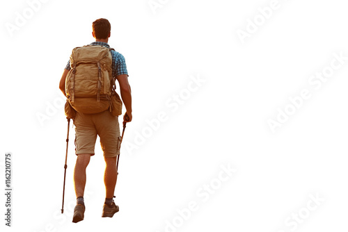 a young man with a backpack and walking stick standing on a transparent background with clipping path, PNG image, PNG file, Generative art. 