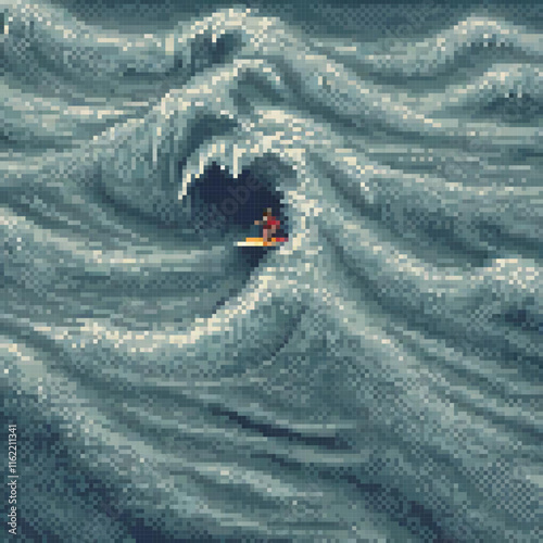 Pixel art surfer cross stitch on a massive wave