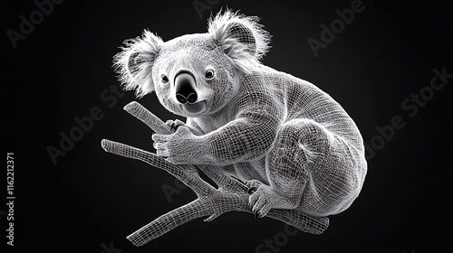 Wireframe Koala 3D Render: Australian Wildlife in Digital Art AI Generated photo