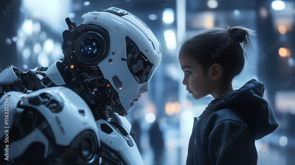 Fototapeta premium Dziecko bawiące się z robotem humanoidalnym na wystawie, w nowoczesnym otoczeniu, pełnym interaktywnych technologii.
