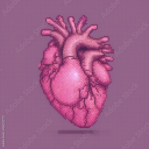 Pixel art cross stitch heart design on purple backdrop