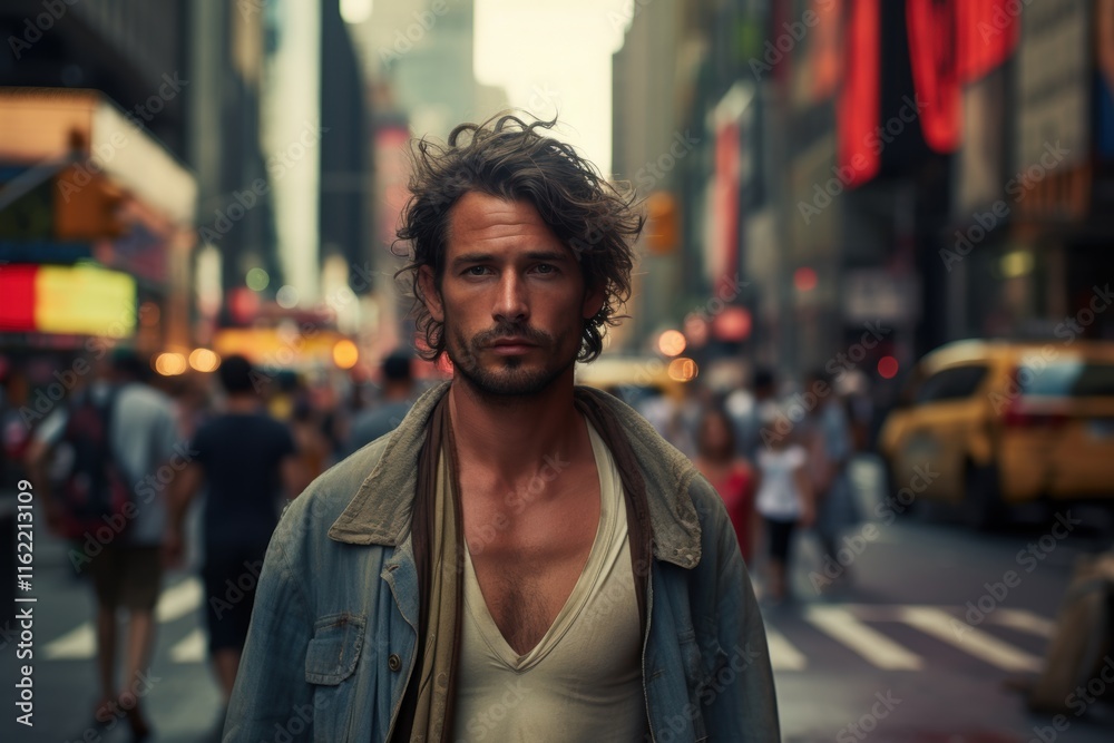 A man with a beard and a blue jacket stands in the middle of a busy city street A man with a beard and a blue jacket stands in the middle of a busy city street