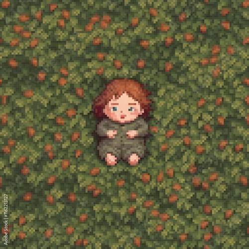 Cute pixel art of a girl surrounded by blooming flowers in a serene field.