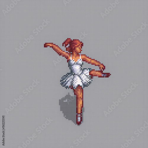 Elegant pixel art of a ballerina in a pristine white dress, capturing grace and poise.