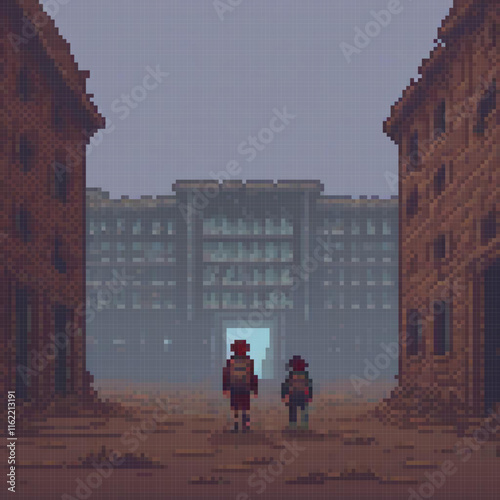 Pixel art depicting a couple strolling down a street beside a building.