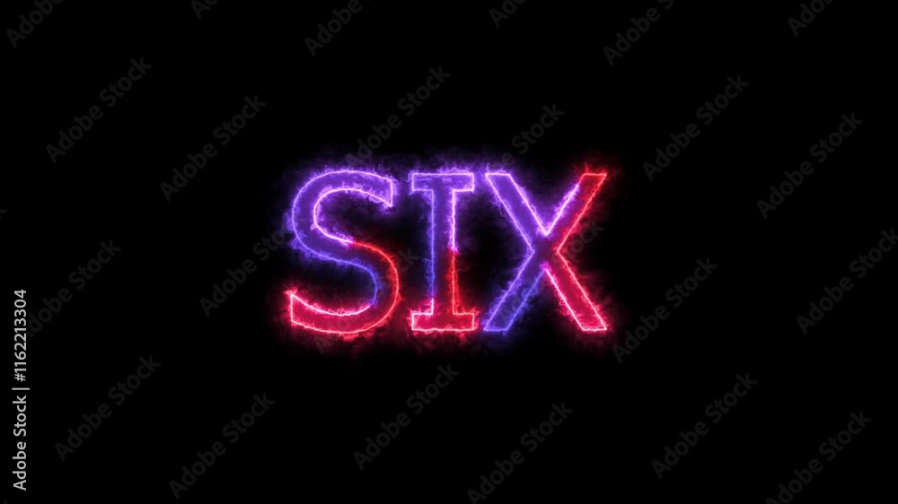 Animation of number 6 with red blue neon colors on the outline and isolated on black background. Number six