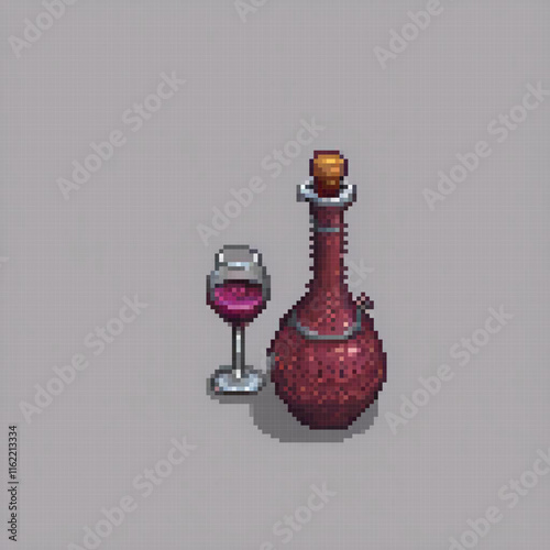 Pixel art depicting a bottle and glass of wine, perfect for wine lovers and collectors.