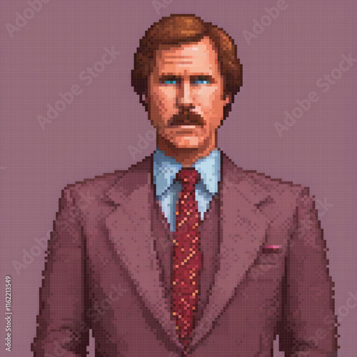 Pixel art of a stylish man in a suit against a vibrant purple backdrop.