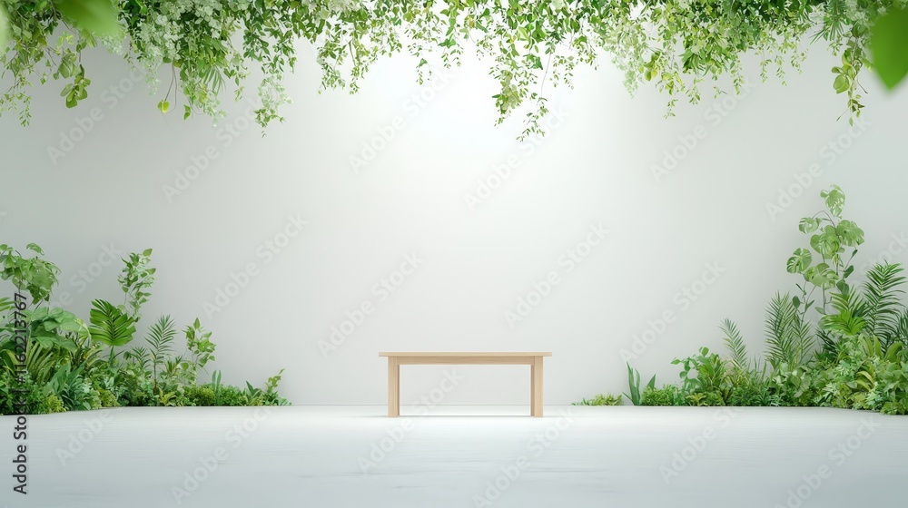 Obraz premium Minimalist Greenery with Wooden Table in Studio Setting