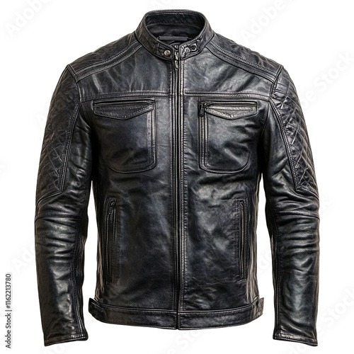 a black leather jacket isolated on a transparent background with clipping path, PNG image, PNG file, Generative art. 