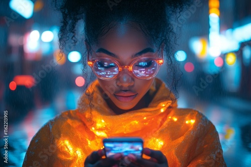 Stylish woman illuminated by neon lights using smartphone at night, perfect for technology, nightlife, and futuristic design projects. Saturation, Overload. Burnout.