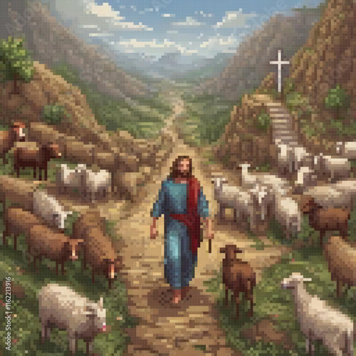 Pixel art depicting Jesus amidst a flock of sheep.