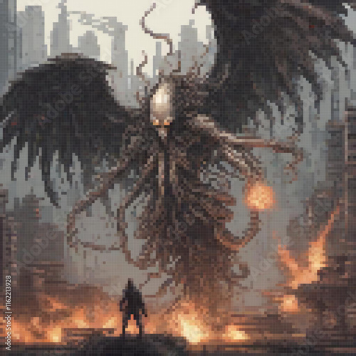 Giant monster wreaks havoc in a bustling cityscape, pixel art style.