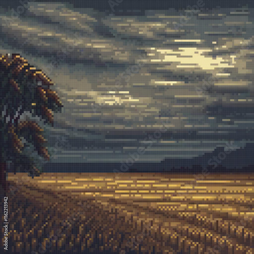 Pixel art sunset vineyard scene