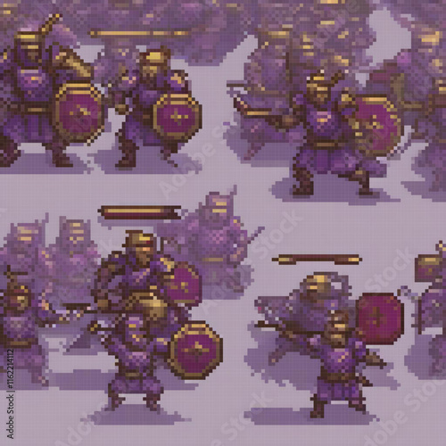 Pixel art of valiant knights, each wielding a mighty shield, ready for battle.
