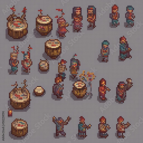 Pixel art drummers in action, showcasing vintage style.