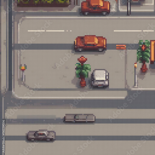 Pixel art city street with cars and bustling traffic