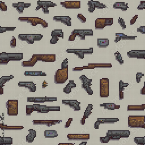 Pixel art showcasing an array of guns against a muted backdrop.