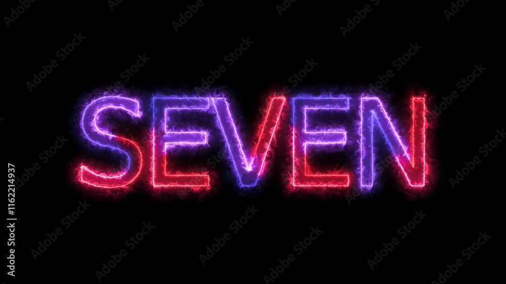 Animation of number 7 with red blue neon colors on the outline and isolated on black background. Number seven
