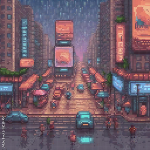 Pixel-perfect cityscape at night, bustling with vibrant cars and pedestrians.
