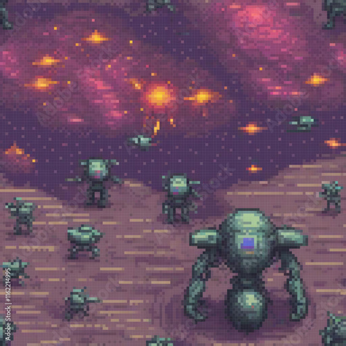 Pixel art space battle with robots