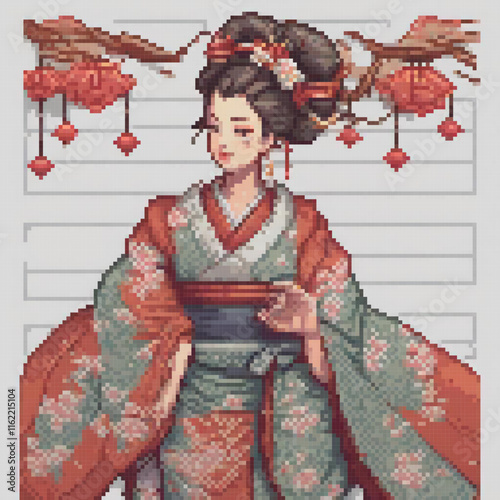 Traditional Japanese kimono with a feathered companion