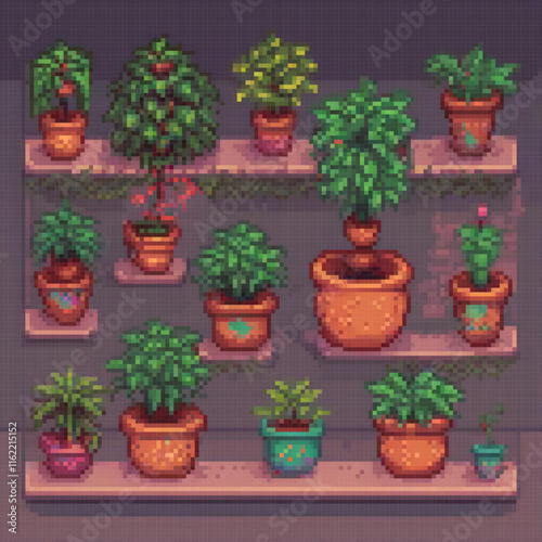 Pixel art of vibrant potted plants on a stylish shelf.