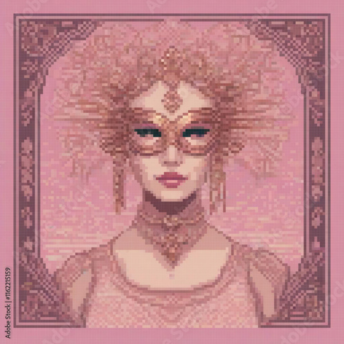 Cute pixel art cross stitch pattern featuring a masked woman.