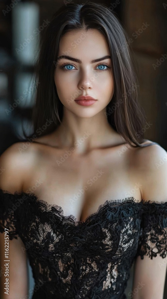 Fototapeta premium A woman with long dark hair and a blue eye is wearing a black lace dress