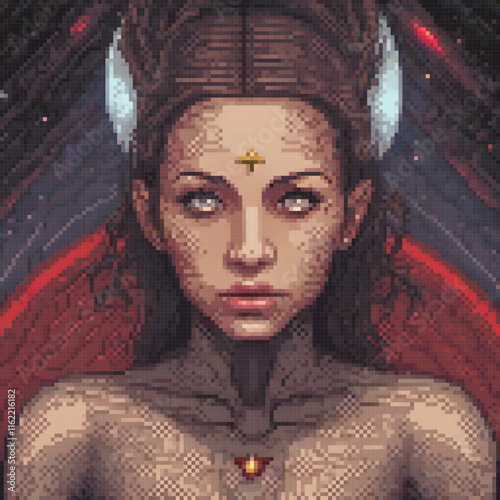 Pixel art of a horned woman, stylish and unique.