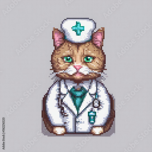 Pixel cat in doctors gear, ready for a check-up.