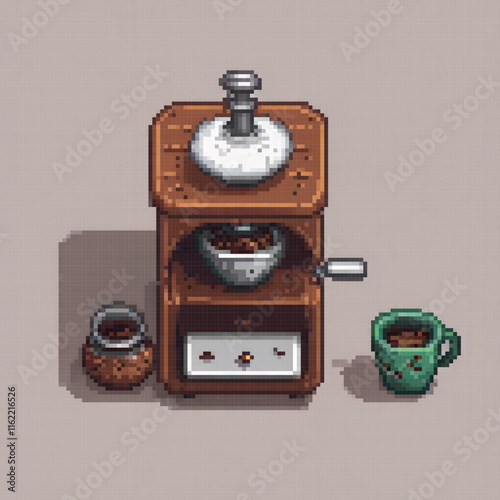 Pixel art of a coffee grinder and a steaming cup of coffee.