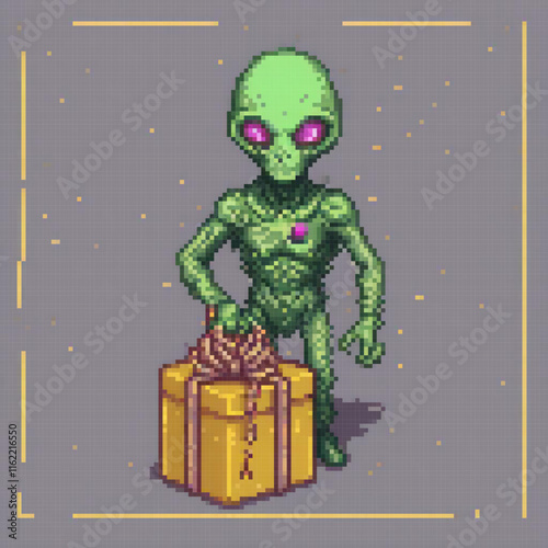 Astro-friendly gift: A vibrant green alien presents a mysterious gift box.