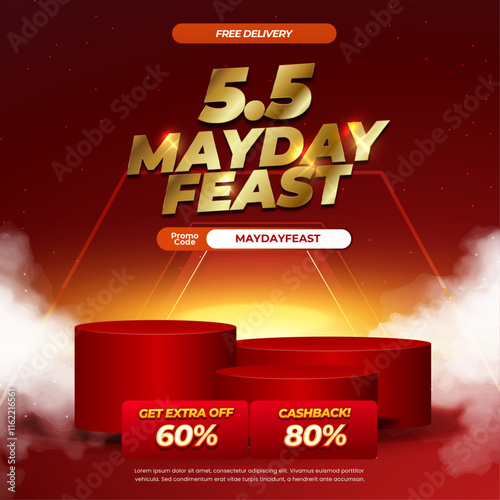5.5 mayday Shopping Sale discount deals Editable text with vibrant red gradient decorative futuristic podium showcase stage square banner template