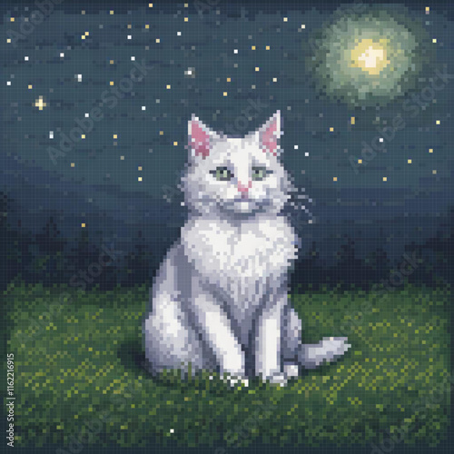 Cute white cat basking in moonlight on lush grass.