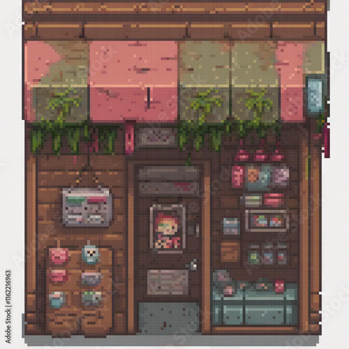 Pixel art depicting a quaint building adorned with various hanging items.