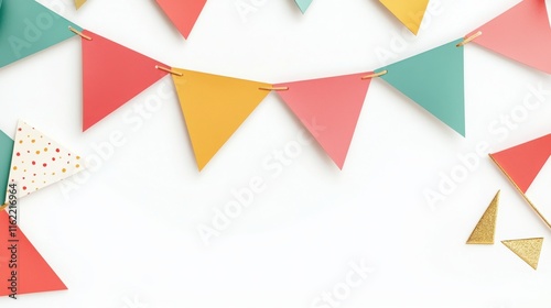Colorful paper bunting in vibrant shades of red, teal, and yellow, arranged against a white background, creating a festive and cheerful atmosphere. Free Download Colorful paper bunting in vibrant shades of red, teal, and yellow, arranged against a white background, creating a festive and cheerful atmosphere. - GFXLoad
