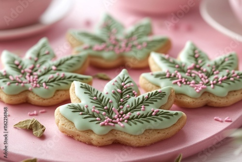 Decorative cannabis leaf-shaped cookies with pastel icing and pink sprinkles on a soft pink plate, perfect for creative bakery branding, cannabis-themed events, and edible product marketing photo