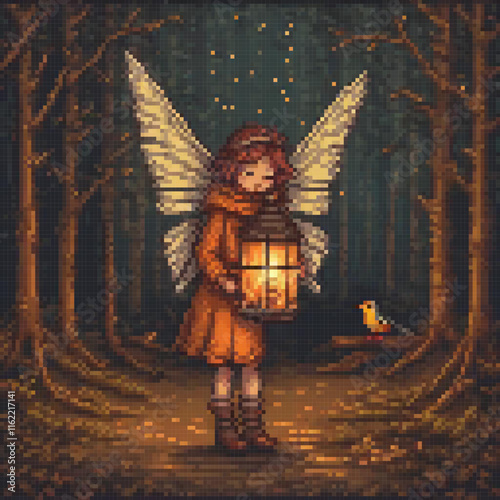 Angelic lantern in the woods, cross stitch pattern, pixel art, serene, mystical, handcrafted.