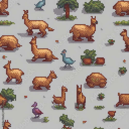 Pixel art featuring llamas and birds against a gray backdrop.