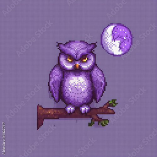 Pixel art of a serene owl perched on a branch under a glowing full moon.