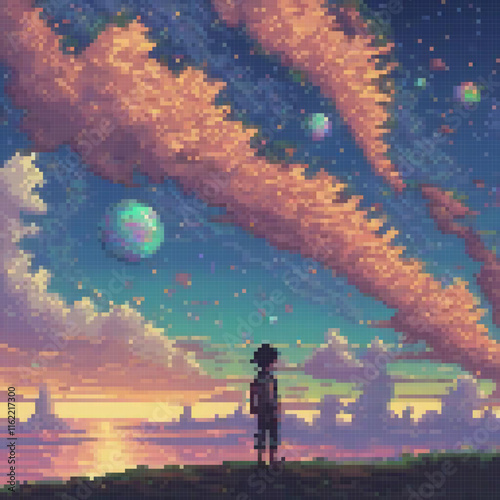Pixel art depicting a person gazing at the sky from a hilltop.