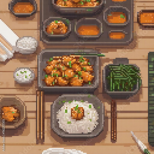 Pixel art showcasing a vibrant table laden with diverse culinary delights.